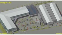 The image shows the floor plan of a large industrial or commercial building complex. It appears to have multiple buildings, including a large central structure with a parking lot in front. The buildings are labeled 'Kaiseraugst / AG' and 'Junkhofzweg 1 (H