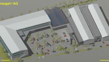Office buildings with solar panels, ample parking, landscaped area