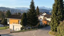 House with brown roof, yellow walls, balcony, solar panels, garage, driveway, trees, mountains in the background
