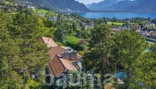 House with brown roof, surrounded by trees, swimming pool, mountains and lake in the background