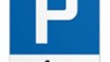 Blue and white parking sign with 'P' for parking and motorcycle icon