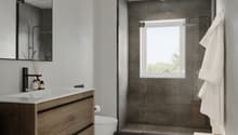 modern bathroom, white countertop, wooden cabinet, glass shower, wooden bench, tiled floor