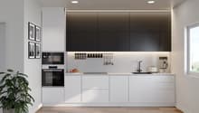 modern kitchen with white cabinets, black accents, modern appliances, wooden floors, minimalist design