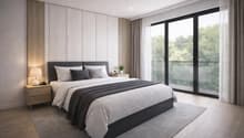 modern bedroom with gray carpet, wooden bed, two nightstands with lamps, large window with balcony access, potted plants, and a curtain