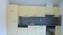 modern kitchen with white cabinets, black countertops, stainless steel sink, dishwasher, electric oven