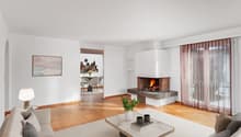 modern style, fireplace, large white sofa, carpet, lamp, center table, decorative plants