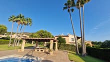 Outdoor swimming pool, palm trees, wooden pergola, bench, garden house, grassy lawn, manicured hedges