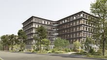 modern office building, multiple floors, large windows, balconies, surrounded by trees and greenery