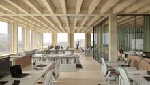 modern office with wooden beams, large windows, desks, chairs, bookshelves, laptops, monitors, and a view of the mountains