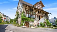 2 story traditional house, brown wooden walls, large windows, brick roof, brown wooden door, stairs with plants and flowers, bicycle near the stairs