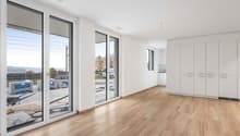 sliding glass doors, large windows, wooden floor, kitchen on the side, empty room
