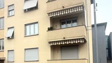 Multistory apartment building, balconies, yellow exterior, white window shutters, greenery