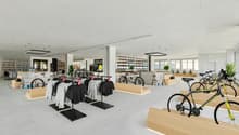 modern bicycle shop with clothing and bicycles