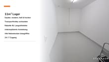 Empty room, white walls, gray floor, transport trolley, 24/7 access
