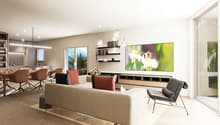 modern interior, wooden flooring, dining table, comfortable sofas, large windows with a balcony, mounted television, wooden shelves