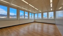 large room, wooden floor, large windows, bright