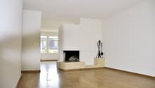 empty room, fireplace, wooden floor, white walls