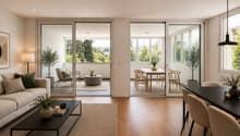 Visualisierung Wohn-/Esszimmer mit Wintergarten