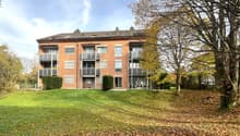 modern apartment building, red brick, large windows, multiple balconies, lawn, trees