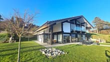 House with modern design, large windows, terrace with seating area, lush lawn, patio with fireplace, surrounded by greenery.