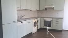 Modern kitchen with wooden cabinets, granite countertops, integrated dishwasher and washing machine, stainless steel appliances, tiled backsplash
