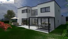 Modern 2 story house, white exterior, black railings, raised ground floor, large windows, patio with a table and chairs, balcony, open plan living space, outdoor umbrella