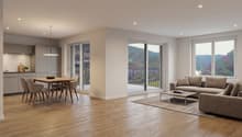 modern living room with wooden floor, large windows, balcony, dining table, couch, coffee table, rug