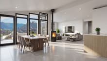 modern living room with fireplace, large windows, balcony, dining table, couch, TV