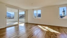 large open room, wooden floor, three windows, sliding glass doors leading to balcony, panoramic view of mountains