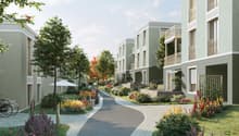 Modern multi-story residential buildings, brick wall facade, balconies, paved walkway, landscaped garden, bicycles parked, green environment