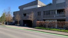 Modern building, gray exterior, multiple windows, entrance with garage, trees, bushes, road
