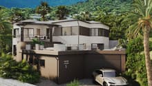 2-story modern house with a car garage and outdoor balcony with seating area
