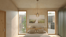 elevated wooden bed, decorative pillows, ceiling lamp, decorative frame on wall, wooden floor, balcony
