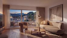 living room with large windows, couch, armchair, coffee table, floor lamp, TV, rug, picture frame