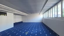 Garage room, white walls, blue carpet, 12 large windows, 2 fluorescent light fixtures, blank wall