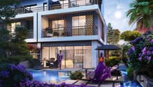 Two-story modern tropical-style villa with balconies, large windows, and a swimming pool surrounded by lush landscaping and purple flowers.