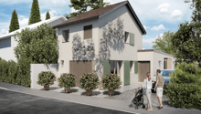 Modern two story house, light gray exterior, double garage, large front garden, trees, shrubs, garden with 5 pink potted plants