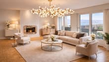 chandelier, white sofa, coffee table, fireplace, large windows, view, side tables, two armchairs, white armchair with cushion, beige rug, two floor lamps, two floor vases