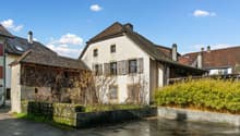 Old house, white walls, brown roof, multiple windows, chimneys, small garden, concrete wall, bushes