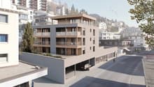 4 story building, balconies, underground garage