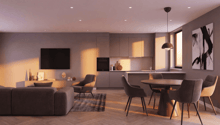 living area, dining table, sofa, TV, modern decor, kitchen