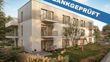 modern apartment building, white exterior, wooden balconies, large windows, garden, playground