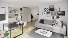 Minimalist living room with dining area, light colored furniture, and decor.