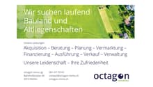 An aerial view of a green field with several houses and buildings in the distance. The text on the image reads 'Wir suchen laufend Bauland und Altliegenschaften'.