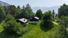 Two-story wooden cabin surrounded by lush green trees and vegetation, with a view of snow-capped mountains in the background.