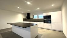 central island, black countertop, white cabinets, built-in appliances, sink, modern design