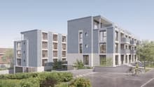 Apartment building, modern design, large windows, balconies, parking area, greenery