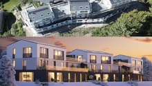 House: 3 story house, white exterior, glass windows, balconies, solar panels, snow, outdoor furniture, trees