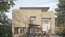 modern style house, multiple glass windows, beige walls, outdoor dining table, green lawn, terrace, trees in background