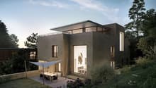 modern style house, gray exterior, large windows, terrace with dining area, lush garden, elevated position